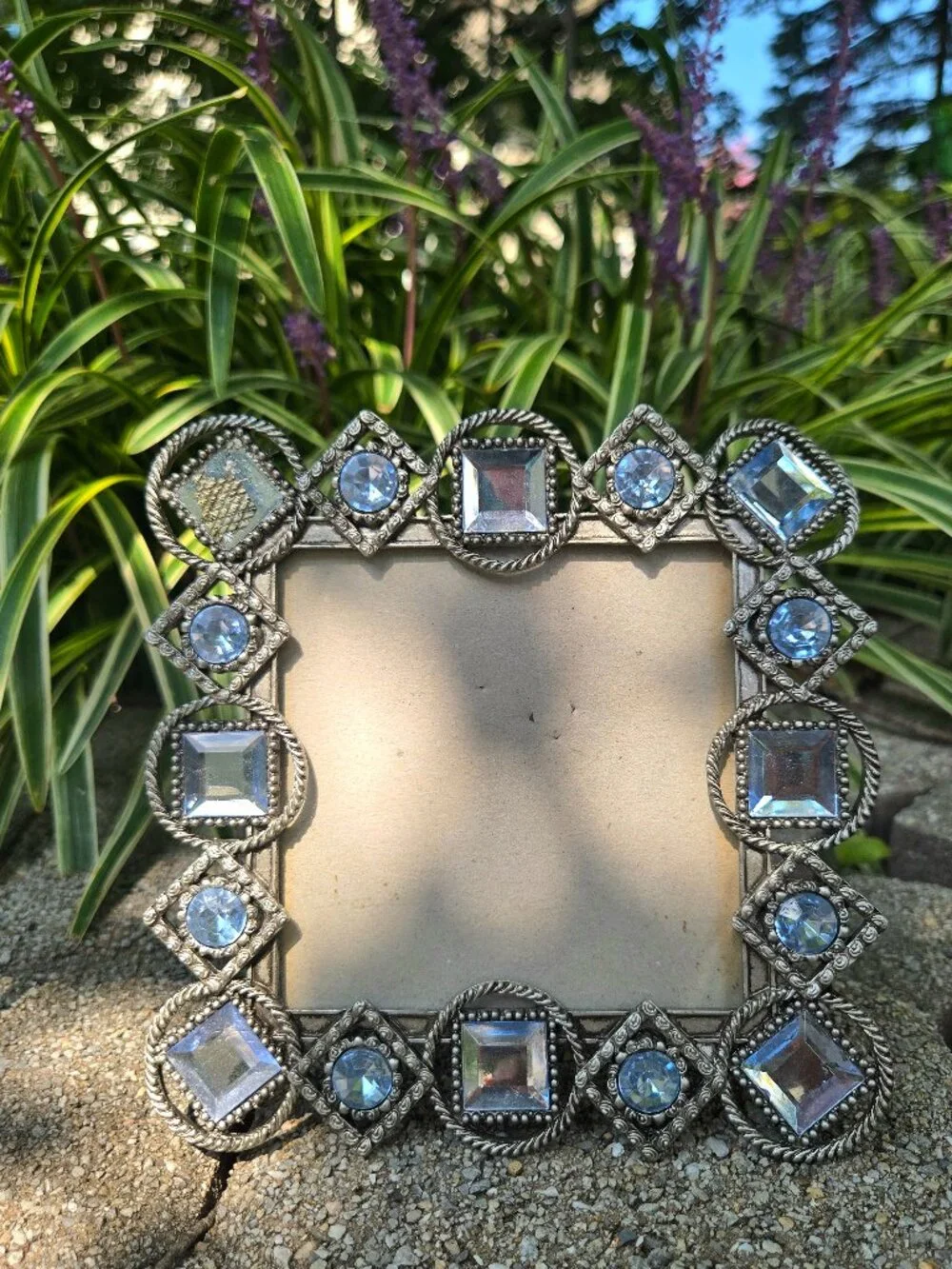 Vintage silver and light blue crystal glam vanity square picture frame